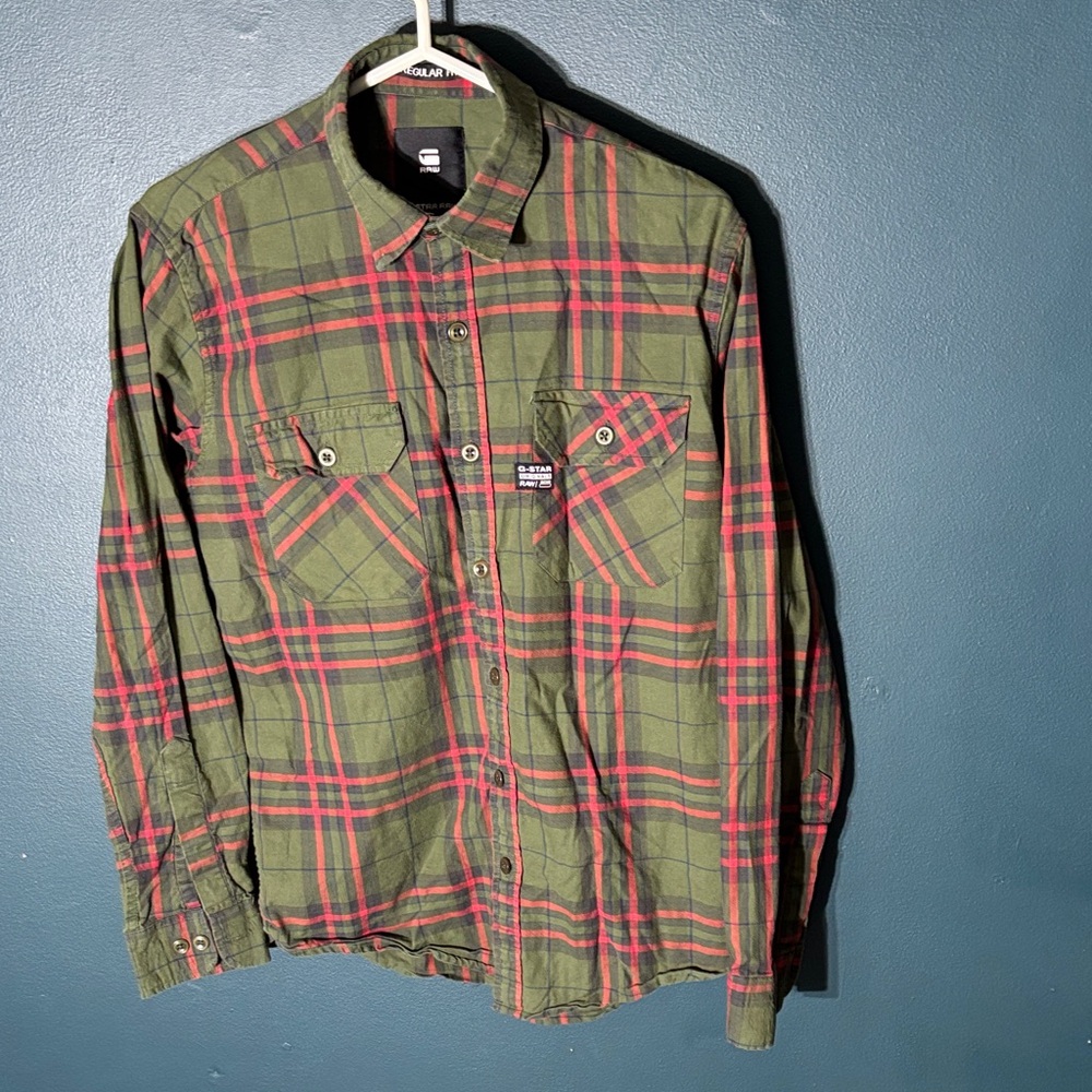 G-Star Green and Red Plaid Casual Button Down Shirt
